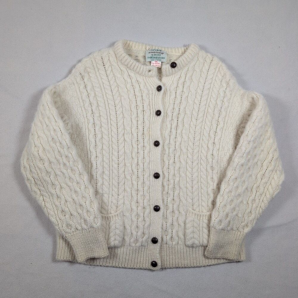 Vtg Cladyknit Irish Wool Cable Knit Cardigan Sweater Cream Women’s L Fisherman
